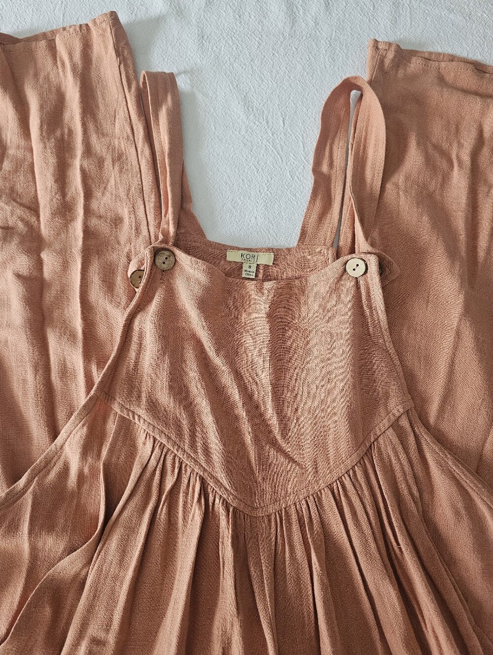 Kori America Boho Linen Blend Wide Leg Overalls Jumpsuit Peach — S (Oversized)
